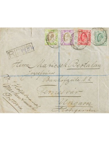 Transvaal. Sobre Yv 166, 168, 177, 178. 1909. 2 p violeta y gris, 3 p verde y gris, ½ p verde y 1 p rojo. Certificado de PRETO