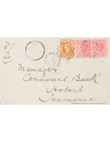 Victoria. Sobre Yv 128(2), 132. 1904. 1 p rosa, dos sellos y 3 p naranja. Certificado de GAFFNEY´S CREEK a HOBART (TASMANIA).