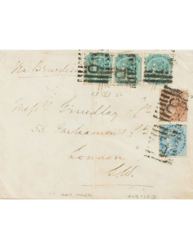 India Británica. Sobre Yv 19, 21, 23(3). 1880. ½ a azul, 1 a castaño y 4 a verde, tres sellos. Dirigida a LONDRES. Matasello p