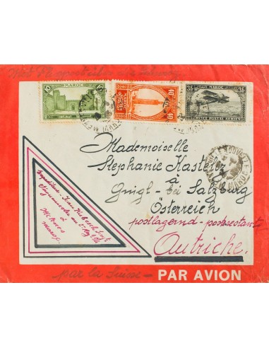 Marruecos Francés. Sobre Yv 102, 110, Aéreo 11. 1927. 10 cts verde, 40 cts naranja y Aéreo 3 fr negro. Correo Aéreo de MEKNES