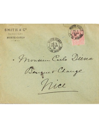 Mónaco. Sobre Yv 5. 1891. 15 cts rosa. MONTECARLO a NIZA. Matasello MONTE-CARLO / PTE. DE MONACO, al dorso llegada. MAGNIFICA.