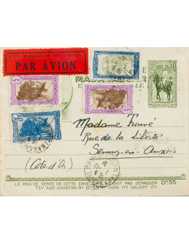 Madagascar. Sobre Yv 109, 176, 177(2). 1931. 50 cts verde oliva sobre Entero Postal Correo Aéreo Certificado de TANANARIVO a S