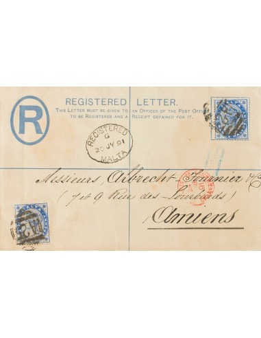 Malta. Sobre Yv 8(2). 1891. 2 p azul sobre Entero Postal Certificado de MALTA a AMIENS (FRANCIA), con franqueo complementario