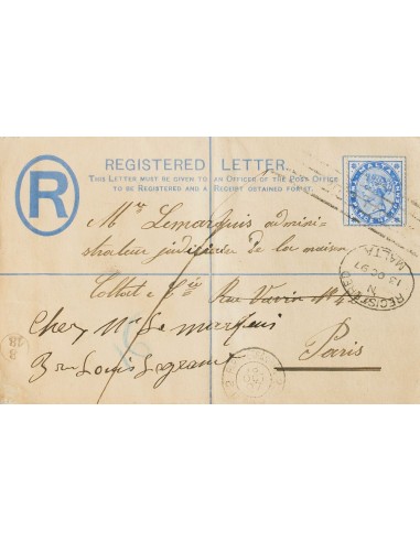 Malta. Sobre Yv 8. 1897. 2 p azul sobre Entero Postal Certificado de MALTA a PARIS, con franqueo complementario de 2 ½ p ultra