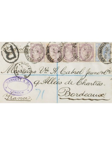 Gran Bretaña. Sobre Yv 62, 73(4). 1883. 2 ½ p azul Plancha 22 y 1 p violeta, cuatro sellos. Certificado de LONDRES a BURDEOS (