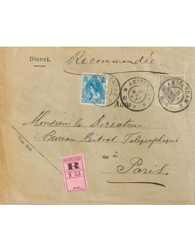 Holanda. Sobre Yv 53, 54. 1903. 10 cts gris y 12 ½ cts azul. Certificado de AMSTERDAM a PARIS. MAGNIFICO.