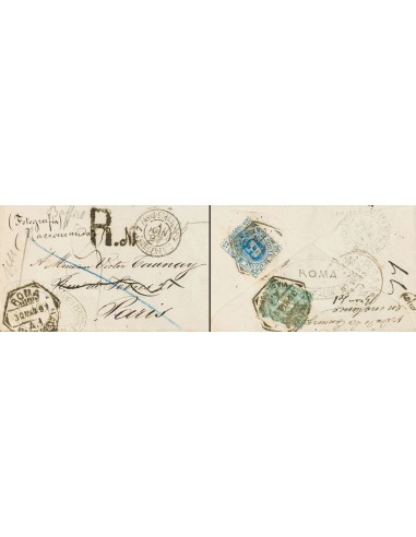 Italia. Sobre Yv 57, 61. 1897. 5 cts verde y 25 cts azul (franqueados al dorso). Certificado de ROMA a PARIS. Diversos tránsit