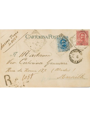 Italia. Sobre Yv 59, 61. 1899. 10 cts carmín y 25 cts azul. Tarjeta Postal Certificada de LUCCA a MARSELLA (FRANCIA). Matasell