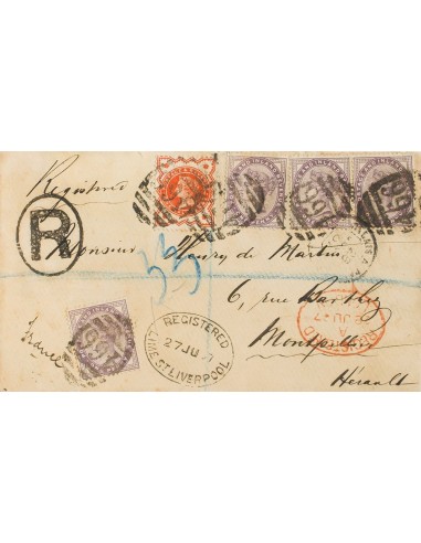 Gran Bretaña. Sobre Yv 73(4), 91. 1887. 1 p violeta, cuatro sellos y ½ p rojo. Certificado de LIVERPOOL a MONTPELLIER (FRANCIA