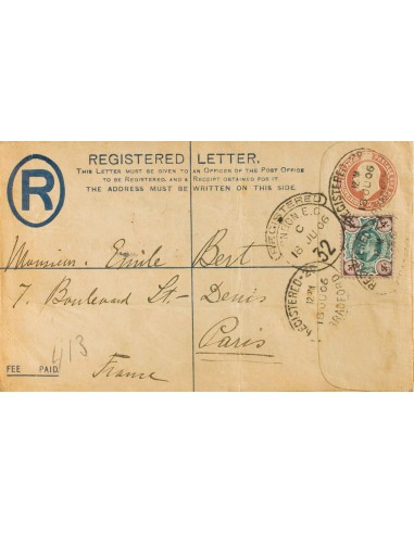 Gran Bretaña. Sobre Yv 112. 1906. 2 p + 1 p castaño sobre Entero Postal Certificado de BRADFORD a PARIS, con franqueo compleme