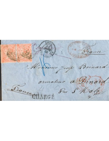 Gran Bretaña. Sobre Yv 32(2). 1866. 4 p rojo Plancha 7, dos sellos (falta un diente en una esquina de un sello). Certificado d