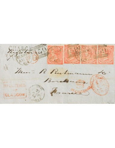 Gran Bretaña. Sobre Yv 25(4). 1864. 4 p rojo, cuatro sellos. Certificado de GLASGOW a BURDEOS (FRANCIA). Matasello dúplex GLAS