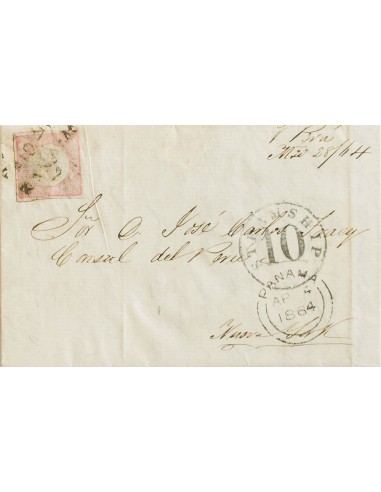 Perú. Yv 86. 1864. 1 d rosa. CALLAO a NUEVA YORK (U.S.A.). Matasello PAID TO / PANAMA y en el frente fechador doble arco PANAM