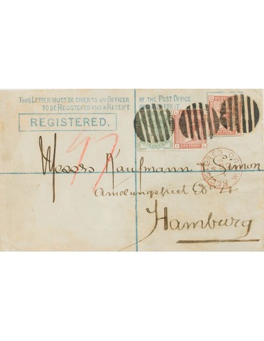 Gran Bretaña. Sobre Yv 67, 68(2). 1881. 2 p verde azul sobre Entero Postal Certificado de LONDRES a HAMBURGO, con franqueo com