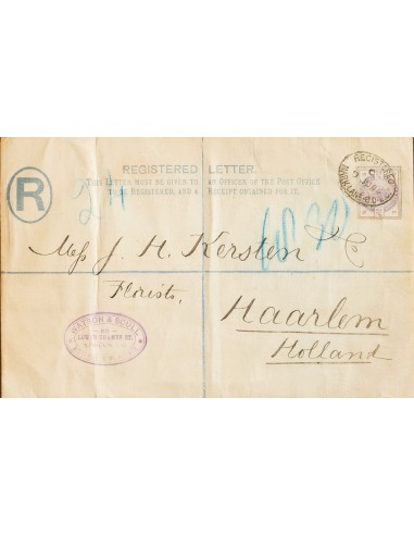 Gran Bretaña. Sobre Yv 78. 1885. 2 p ultramar sobre Entero Postal Certificado de LONDRES a HAARLEM (HOLANDA), con franqueo com
