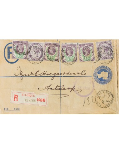 Gran Bretaña. Sobre Yv 73(2), 93(4). 1896. 2 p ultramar sobre Entero Postal Certificado de LONDRES a AMBERES (BELGICA), con fr
