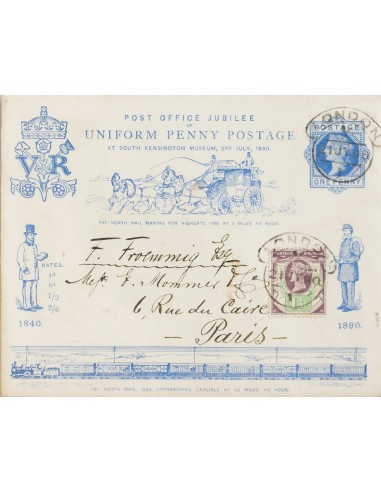 Gran Bretaña. Sobre Yv 93. 1890. 1 p azul sobre Entero Postal UNIFORM PENNY POSTAGE Certificado de LONDRES a PARIS, con franqu
