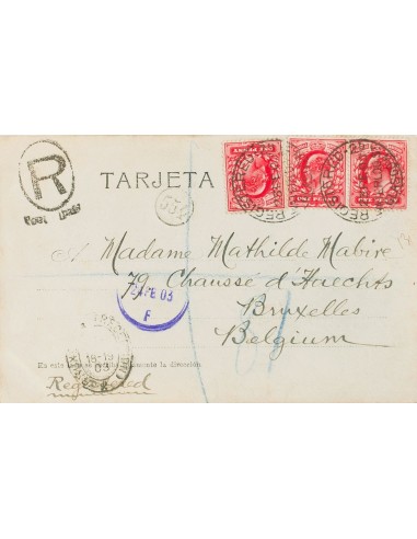 Gran Bretaña. Sobre Yv 107(3). 1903. 1 p rojo, tres sellos. Tarjeta Postal (con texto en español) Certificada de GLASGOW a BRU