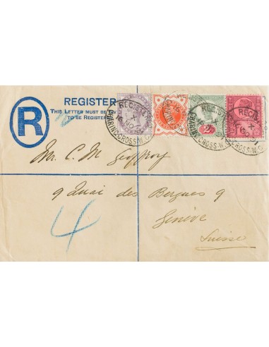 Gran Bretaña. Sobre Yv . 1891. 2 p ultramar sobre Entero Postal Certificado de LONDRES a GINEBRA (SUIZA), con franqueo complem