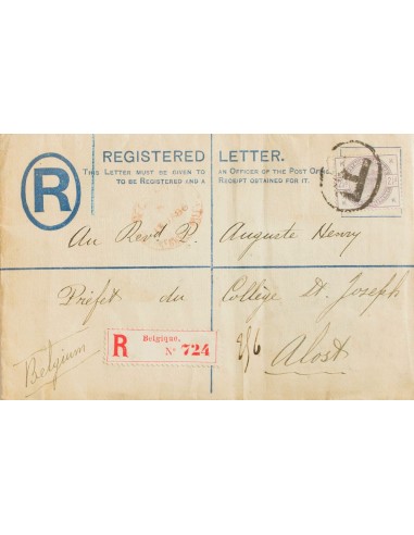 Gran Bretaña. Sobre Yv 79. 1886. 2 p ultramar sobre Entero Postal Certificado de LONDRES a ALOST (BELGICA), con franqueo de 2