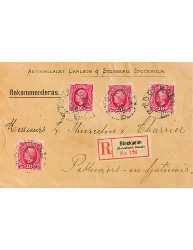 Suecia. Sobre Yv 43(4). 1899. 10 ore carmín, cuatro sellos. Certificado de ESTOCOLMO a PITHOVIERS (FRANCIA). Al dorso llegada.