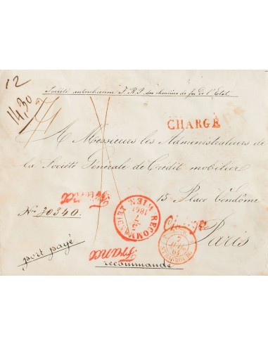 Austria. Sobre Yv . 1861. Certificado de VIENA a PARIS (FRANCIA). Marcas RECOMMANDIRT / WIEN, CHARGE, aplicada dos veces una d