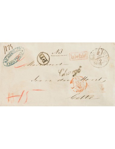 Dinamarca. Sobre Yv . 1865. Certificado de COPENHAGUE a CETTE (FRANCIA). Dos marcas ANBEFALET, en rojo, CHARGE, en cursiva y a
