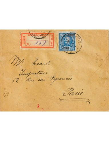 Portugal. Sobre Yv 138. 1897. 100 reis azul. Certificado de LISBOA a PARIS. Matasello CORRº E TELº / CALHARIZ, al dorso llegad