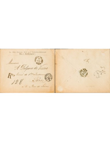 Austria. Sobre Yv 44. 1892. 20 k gris (al dorso). Certificado de VIENA a PARIS. Matasello FRANZ JOSEP QUAI / WIEN, y al dorso