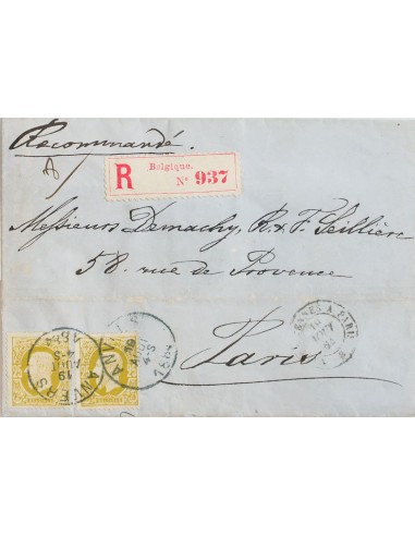 Bélgica. Sobre Yv 32(2). 1869. 25 cts oliva, dos sellos. Certificado de AMBERES a PARIS. MAGNIFICA.
