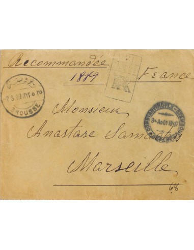 Turquía. Sobre Yv 109(2). 1907. 1 pi azul, pareja. Certificado de BURSA a MARSELLA. En el frente fechadores BROUSE y *CONSTANT