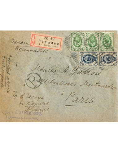 Rusia. Sobre Yv 39(3), 43(2). 1902. 2 k verde, tres sellos y 7 k azul, dos sellos. Certificado de VARSOVIA a PARIS (erosión en
