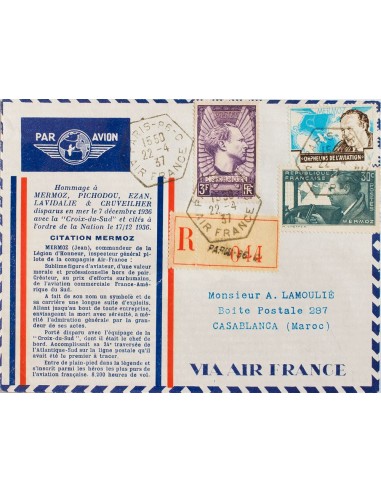 Francia. Sobre Yv 337, 338. 1937. Serie completa y viñeta de MERMOZ azul y negro. Certificado Aéreo de PARIS a CASABLANCA (MAR
