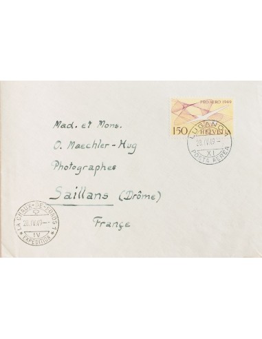 Suiza, Aéreo. Sobre Yv 44. 1949. 1´50 fr amarillo y violeta. LUGANO a SAILLANS. En el frente marca LA CHAUX-DE-FONDS / *EXPEDI