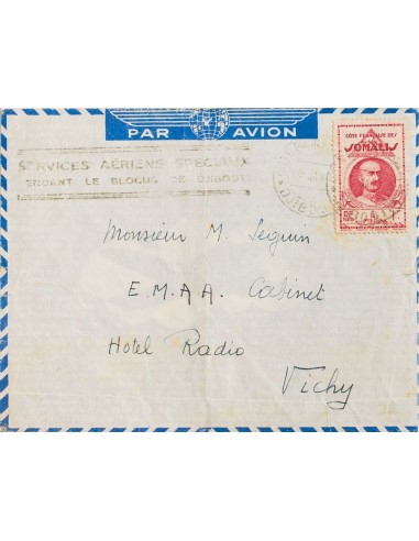 Costa de Somalia. Sobre Yv 162. 1941. 1 fr rosa carmín. DJIBOUTI a VICHY (FRANCIA). En el frente marca SERVICES AERIENS SPECIA