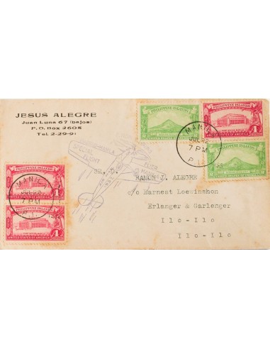 Filipinas, Intervención Norteamericana. Sobre Yv 234(2), 235(3). 1922. 2 ctvos verde, dos sellos y 4 ctvos rosa rojo, tres sel