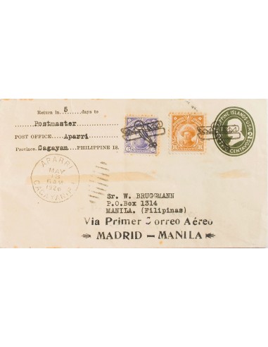 Filipinas, Intervención Norteamericana. Sobre Yv 206, 207. 1926. 2 ctvos verde oscuro sobre Entero Postal de APARRI a MANILA,