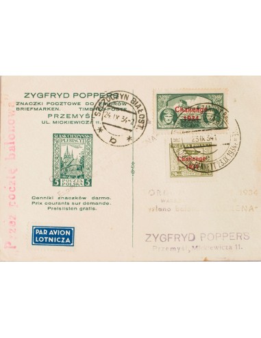 Polonia, Aéreo. Sobre Yv 9A/B. 1934. Serie completa "CHALLENGE 1934". Tarjeta Postal de "Correo por Globo" de VARSOVIA a PRZEM