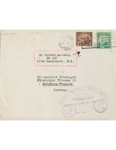 Estados Unidos. Sobre Yv 246, 257. 1928. 1 $ violeta y 13 ctvos verde. Graf Zeppelin de AMBRIDGE (U.S.A.) a DUISBURG (ALEMANIA