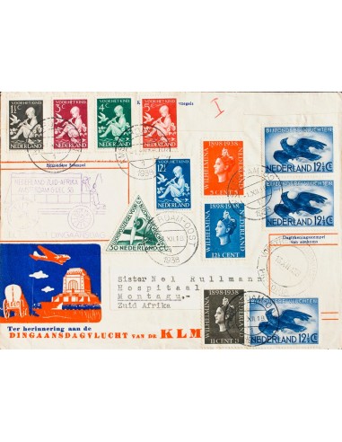 Holanda. Sobre Yv 309/11, 312/16, Aéreo 10,11(3). 1938. Dos series completas, 30 cts verde y 12 ½ cts azul, tres sellos. Sobre
