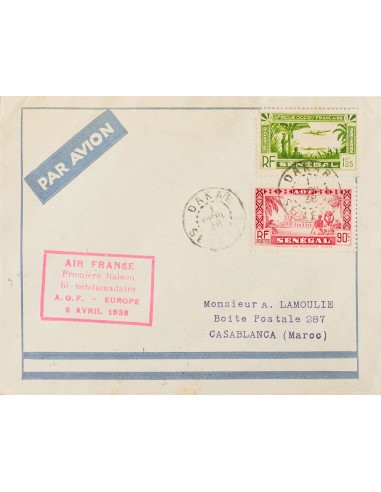 Senegal. Sobre Yv 128, Aéreo 4. 1938. 90 cts carmín y 1´25 fr verde claro. Correo Aéreo de DAKAR a CASABLANCA (MARRUECOS). En