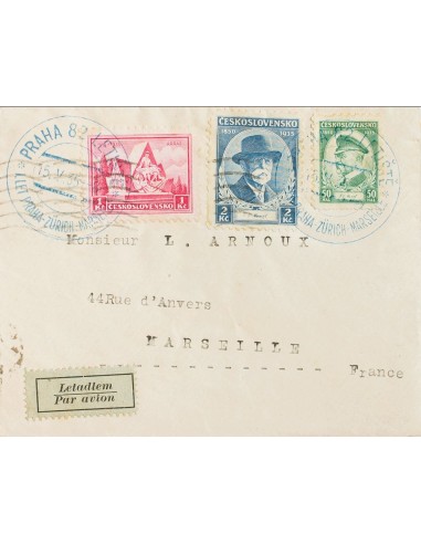 Checoslovaquia. Sobre Yv 292, 294, 296. 1935. 50 h verde, 2 k azul y 1 k rosa. Correo Aéreo de PRAGA a MARSELLA (FRANCIA). Mat