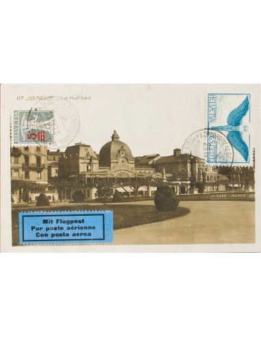 Suiza, Aéreo. Sobre Yv 10. 1928. 65 cts azul y 5 cts sobre 7 ½ cts gris. Tarjeta Postal Certificada de GINEBRA a PONTARLIER (F