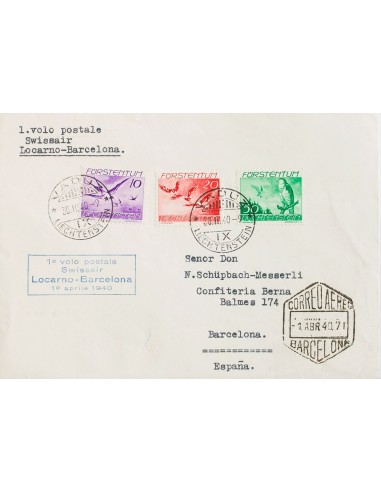 Liechtenstein, Aéreo. Sobre Yv 17, 19, 21. 1940. 10 r violeta, 20 r rojo y 50 r verde. Certificado de VADUZ a BARCELONA. En el