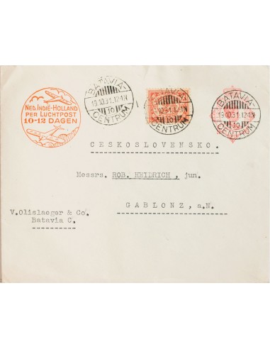 India Holandesa. Sobre Yv 132. 1931. 12 ½ cts carmín sobre Entero Postal Correo Aéreo de BATAVIA a GABLONZ (CHECOSLOVAQUIA), c