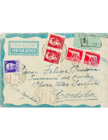 Italia. Sobre Yv 232, 236(2), 239(2). 1941. 50 cts violeta, 2 l rojo carmín, dos sellos y 5 l rosa rojo, dos sellos. Certifica