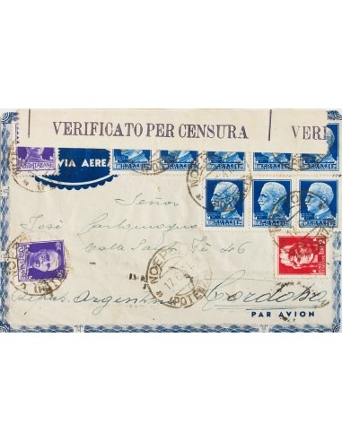 Italia. Sobre Yv 232(2), 234(8), 236. 1941. 50 cts violeta, dos sellos, 1´25 l azul, ocho sellos y 2 l rojo carmín. Correo Aér