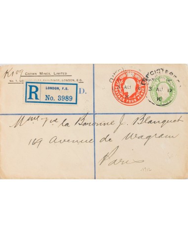 Gran Bretaña, Entero Postal. Sobre Yv . 1912. 4 p rojo y ½ p verde sobre Entero Postal doble Certificado de LONDRES a PARIS. M