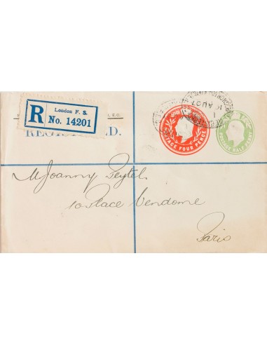 Gran Bretaña, Entero Postal. Sobre Yv . 1907. 4 p rojo y ½ p verde sobre Entero Postal doble Certificado de LONDRES a PARIS. A