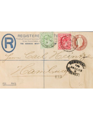 Gran Bretaña, Entero Postal. Sobre Yv 106, 107. 1905. 1 p castaño sobre Entero Postal Certificado de MANCHESTER a HAMBURGO (AL